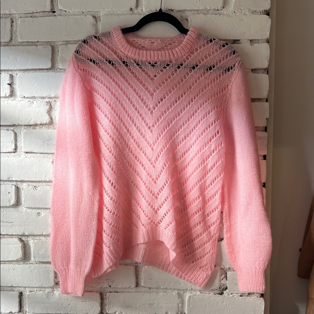 Light Pink Open-Stitch Crewneck Sweater sheer relaxed fit
